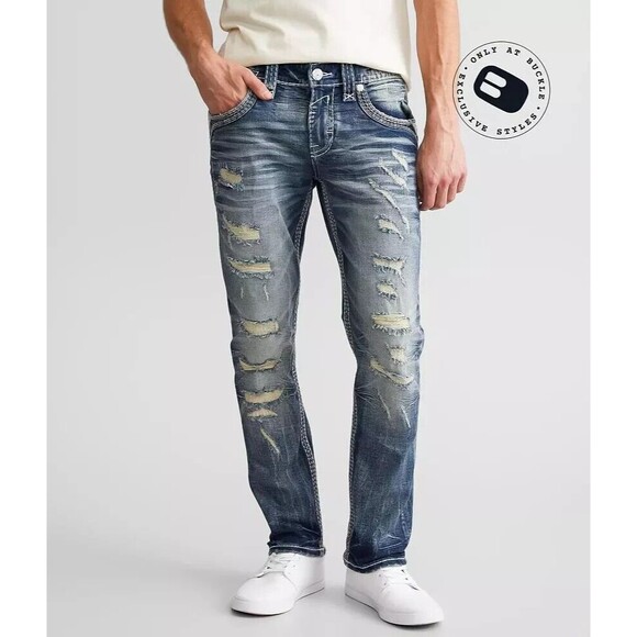 NWOT ROCK REVIVAL MEN'S JEANS 36 Garrick Slim Straight Stretch DESTROYED - Picture 1 of 16